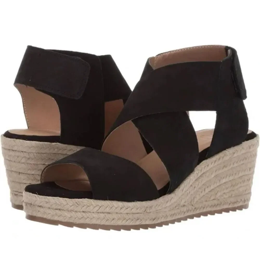 Soul Naturalizer Oshay black suede espadrille wedge sandals size 9
